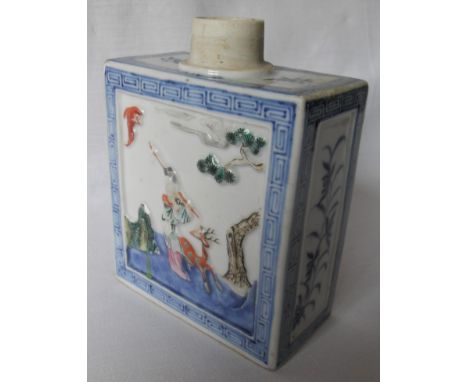 An 18th century Chinese porcelain tea caddy of oblong form with hand-painted allegorical panels and Greek-key border design, 