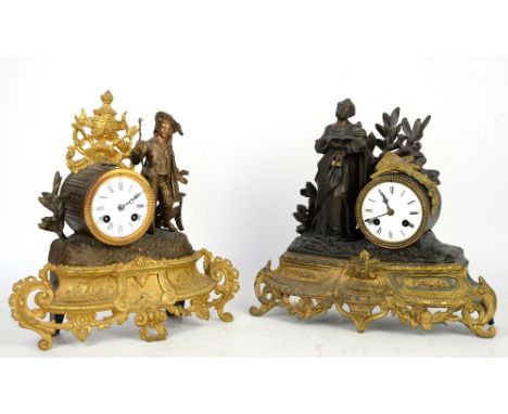 19th century French parcel gilt spelter mantle clock, the case with urn and young man with staff, the white enamel dial with 