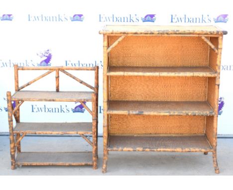 Bamboo open bookshelf, with rattan top and shelves, on splayed feet, H105 x W87 x D36cm, together with a bamboo and rattan sh