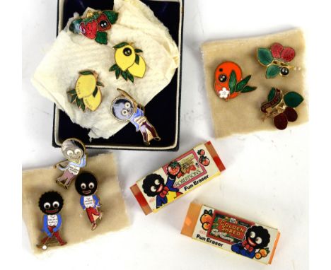 Robertson's enamel golly badges including a pre-war lemon Golly badge by H W Miller and two fun erasers                      
