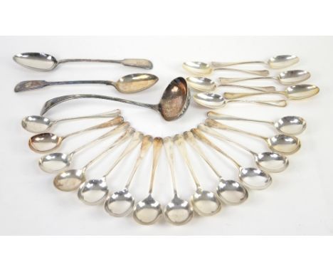 Selection of silver-plated flatware to include soup spoons and a ladle        