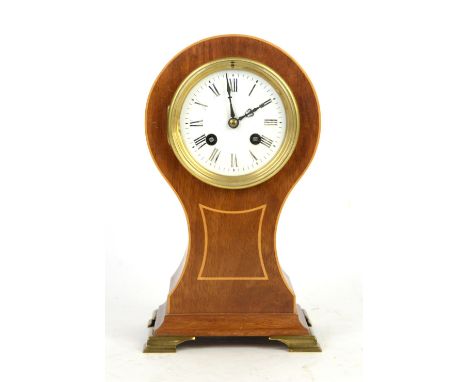 Early 20th century inlaid mahogany balloon shaped mantle clock, enamel dial with Roman numerals and outer minute track, drum 