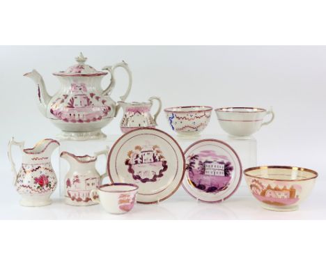 Pink lustre teapot with naïve decoration of a house and gardens, H 20cm,  a similarly decorated bowl, Dia 16cm, cups, saucers