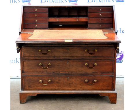 Mahogany bureau, the full front revealing fitted interior above four graduating drawers, on bracket feet, H104 x W103 x D51cm