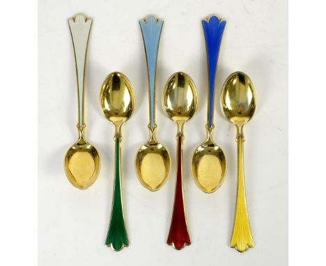 Cased set of six rainbow enamel Norwegian sterling silver teaspoons with a gilt finish by Theodor Olsens Eftf from Bergen    