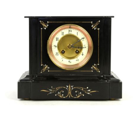 Late 19th century French slate mantle clock, the architectural case with floral decoration, the chapter ring with Arabic nume