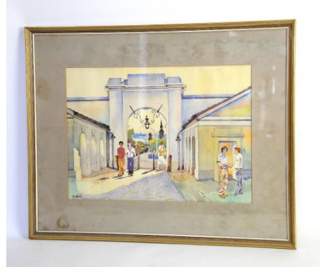 Oil painting of rain over a landscape, signed indistinctly, Watercolour of figures by an archway, Ken Newmans, oil on canvas,