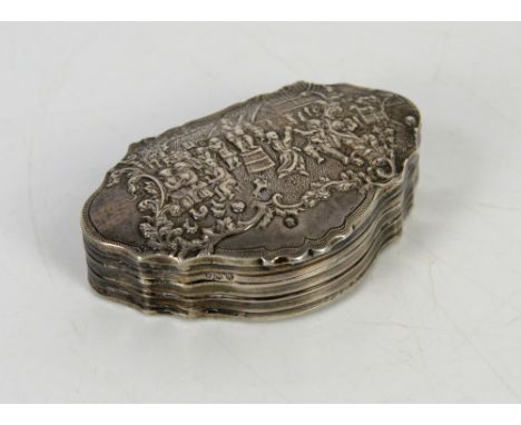 Silver snuff box with pictorial embossed base and top, both rural scene, one based around a river and sailing, the other with