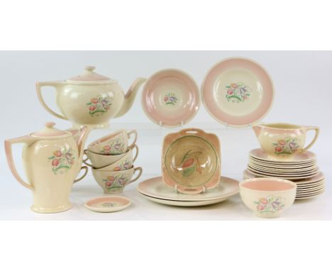 Susie Cooper Dresden Sprays part tea service in pink, comprising coffee pot, tea pot, milk jug (handle repair), sugar bowl, s