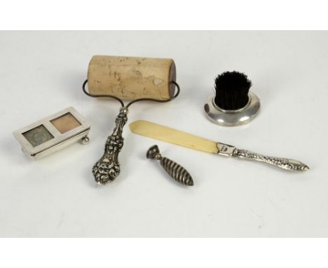 Five silver desk top items, sterling silver blotter roller, silver pen brush, Birmingham 1920, silver seal, Birmingham 1890, 