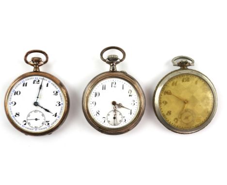 Three pocket watches including an open face German pocket watch, Arabic numerals, subsidiary dial and minute track, 10 Rubis 