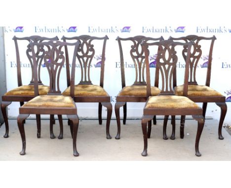 20th century set of 6 Chippendale style dining chairs.        Marks to upholstered seats.Some knocks and scratches to wood. T