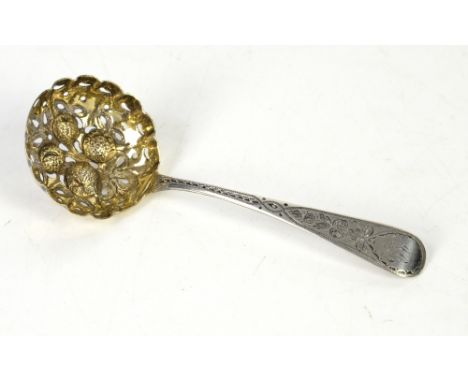 George IV berry sugar sifter ladle, London 1825        Split to back of spoon and repair to base of stem. Bruises and wear. 