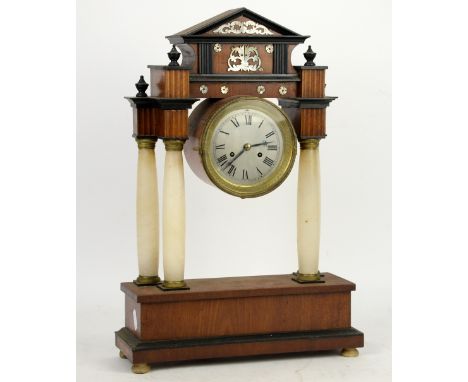 French Portico clock, round dial with Roman numerals, H.46.5cm W.31.5cm        