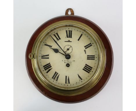 Early 20th century brass ship's bulkhead clock, the round dial with Roman numerals and outer minute track, signed to dial 'S.