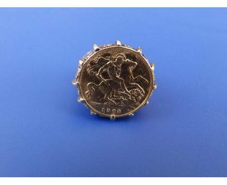 A gold half sovereign ring on 9c shank - 1908.  Finger size I/J.