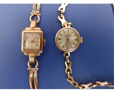 An art deco lady's 9ct gold Movado bracelet wrist watch with rectangular dial and a Valex 9ct gold bracelet watch. (2)