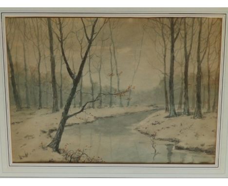 Attributed to Ivon Hitchens (Sydney Ivon Hitchens, 1893-1979) - watercolour - a snow scene, 'The Brook', inscribed to verso p