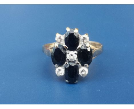 A sapphire &amp; diamond paste 9ct gold cluster ring.  Finger size O.