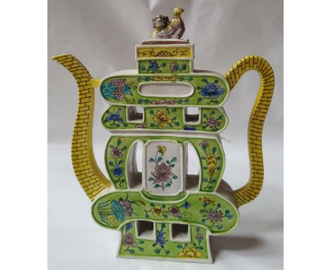 A Chinese porcelain slab sided polychrome teapot.