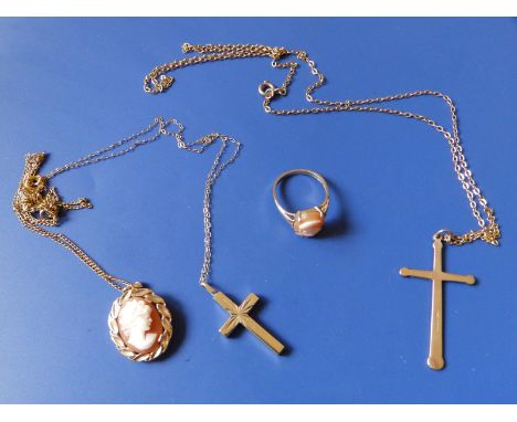 A 9ct gold cross on fine link chain, one other, a 9ct gold cameo ring and a cameo pendant on chain.  (4)