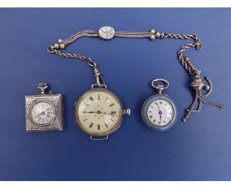 A small lady's blue guilloche enamelled silver pocket watch with white enamel dial, marcasite filigree decoration to reverse,