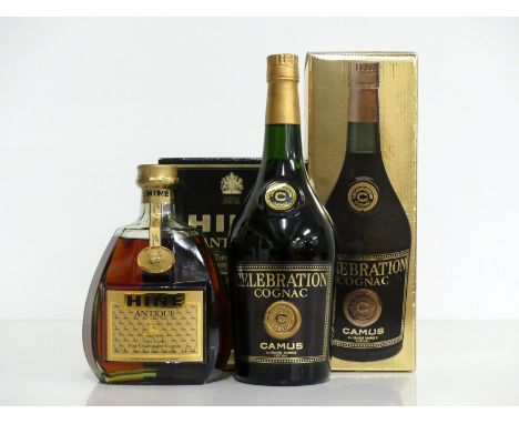 1 68 cl bt Hine Antique Très Vieille Fine Champagne Cognac oc 1 litre Camus Celebration La Grande Marque Cognac oc above 2 va