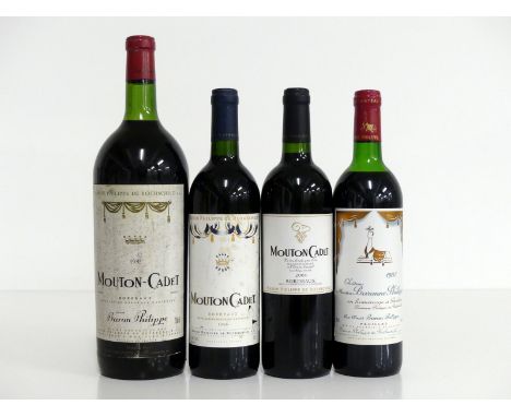 1 magnum Mouton-Cadet 1982 Bordeaux vts, sl bs 1 bt Mouton-Cadet 1996 Bordeaux i.n, vsl stl, sl torn label 1 bt Mouton-Cadet 