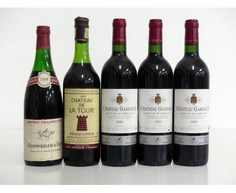1 bt Gevrey-Chambertin 1969 Geisweiler et Fils vsl bs 1 bt Ch. De la Tour 1978 Bordeaux Suoerieur ts, sl bs 3 bts Ch. Garraud