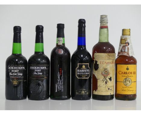 2 bts Cockburns Fine Ruby Port NV sl bs, torn labels 1 bt Taylors First Estate Lugar Das Lages NV vsl bs 1 bt Harveys Bristol