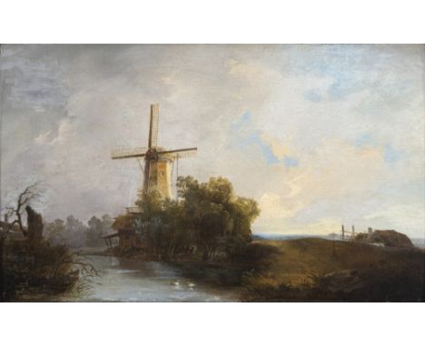 Haanen, Remigius van (attr.)1812 - 189422 x 34 cmFlusslandschaft mit Windmühle. Öl/Holz, monogrammiert R, rückseitig auf alte