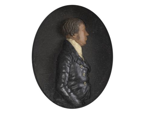 Wachsbossierung1. Hälfte 19. Jhdt.H. 9/14 cmPortrait eines Herren in schwarzer Jacke im Profil. Rahmen.