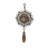 BROCHE/PENDENTIF QUARTZ FUMÉ ET DIAMANTS, CIRCA 1880