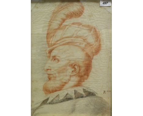 CONTINENTAL SCHOOL IN THE 17th CENTURY MANNER  "Gentleman" a head study in profile of a bearded gentleman wearing a hat and p
