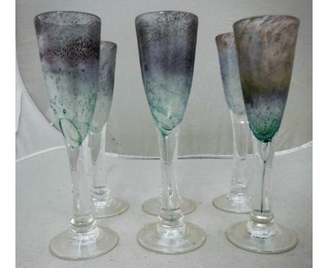 A set of six Tysoe glass flutes of iridescent bubble form raised on a circular foot, together with a box of various china war