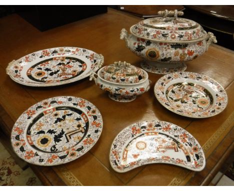 An Ashworth Brothers ironstone Imari style pattern part dinner service comprising lidded tureen, soup plates, dinner plates a