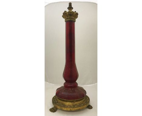 A Victorian gilt brass and ruby glass table lamp of faceted baluster column form  CONDITION REPORTS Overall height 60.5cm