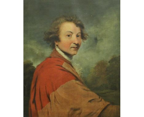 19TH CENTURY ENGLISH SCHOOL AFTER JOSHUA REYNOLDS "Self Portrait (variation)" gentleman in red jacket, oil on canvas, unsigne
