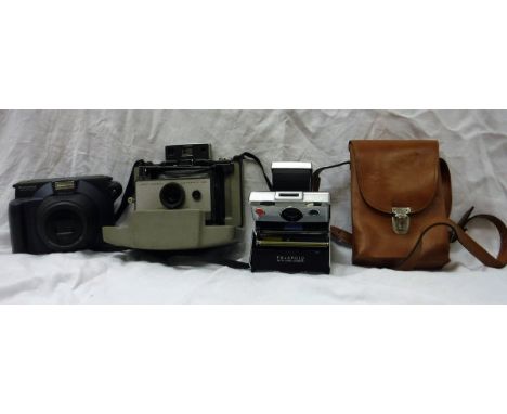 A Fuji Instax instant camera and two film packs, a Polaroid 103 instant land camera, a Polaroid SX-70 land camera and case to
