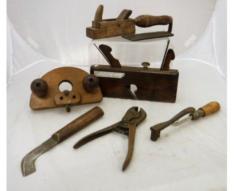 A box of various woodworking tools including bullnose plane (probably Marple &amp; Sons), moulding plane by Cochrain of Carli