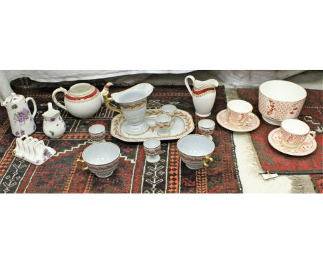 Two boxes of various china wares to include Copeland Spode New Stone foliate decorated dinner ware, oxide red and gilt decora