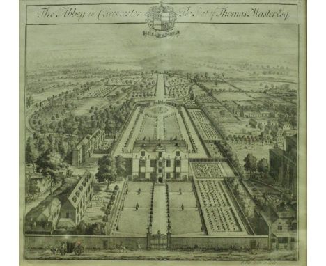 AFTER JOHANNES KIPP (1653-1722) "The Abbey in Cirencester, the seat of Thomas Master esq", black and white engraving, framed 