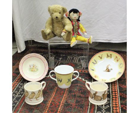 A collection of Tiffany and Co childrens mugs, Peggy Nesbitt costume and portrait dolls, Bunnykins Royal Doulton ware boxed t