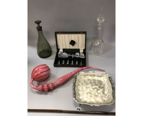 A Victorian Nailsea type ruby and white enamel glass pipe of oversized proportions together with two decanters, a WMF Ikora d