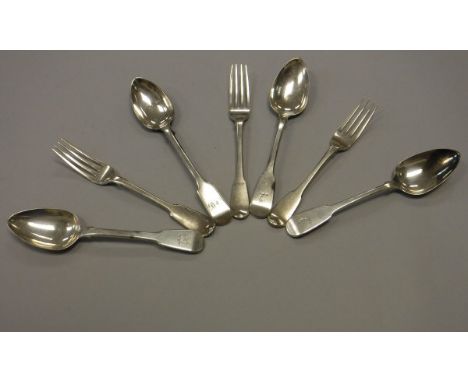 A set of five Georgian silver "Fiddle" pattern dessert forks and four spoons (by John Kerschner, London, varying dates), toge