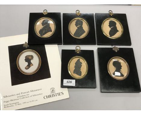 A collection of 5 various 19th Century silhouettes (2 cut out) together with a copy of Christie's Silhouette and Portrait Min