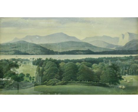 R TURNER "View of a Lake", landscape depicting sheep and buildings in foreground, lake and mountains in background, signed an