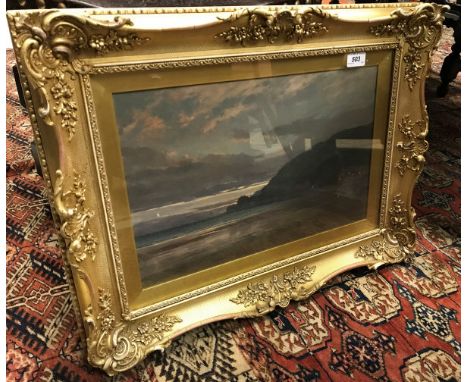R JONES "Coastal Landscape with Beach in Foreground at Sunset", oil on canvas, signed lower left, bears "Thomas Agnew &amp; S