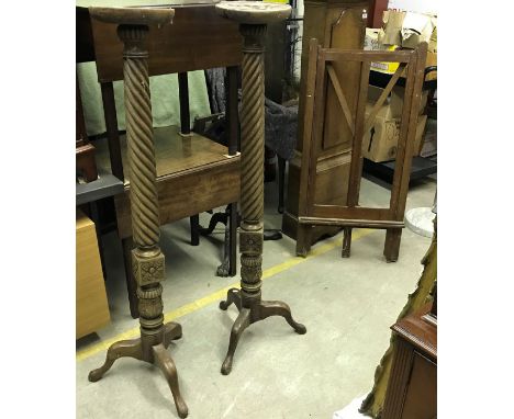 A wooden Windsor &amp; Newton of London artist's easel together with a pair of Victorian mahogany torchere stands and a furth