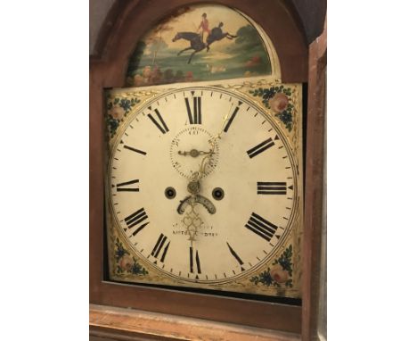 A 19th Century oak and inlaid cased longcase clock, the eight day movement with arch dial depicting a huntsman and hounds in 